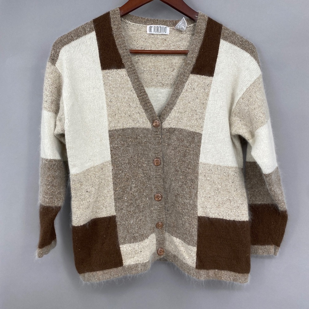 Vtg de rotchild Colorblock Silk Angora Cardigan Women Large Brown Tan Patchwork